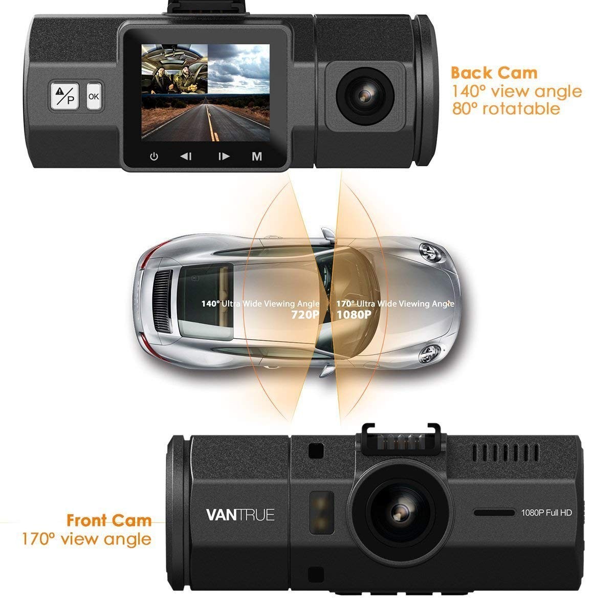 HDR Front and Back Wide Angle Dual Lens Vantrue N2 Dual Dash Cam-1080P FHD