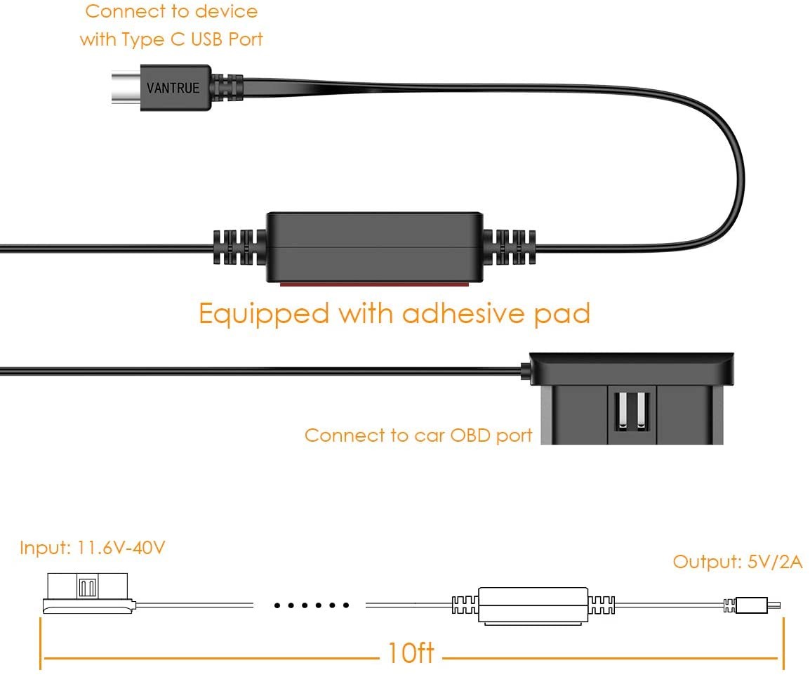 VANTRUE 10ft Type C USB OBD Hardwire Power Cable with LED Screen, 3 Gear  Shifting, Low