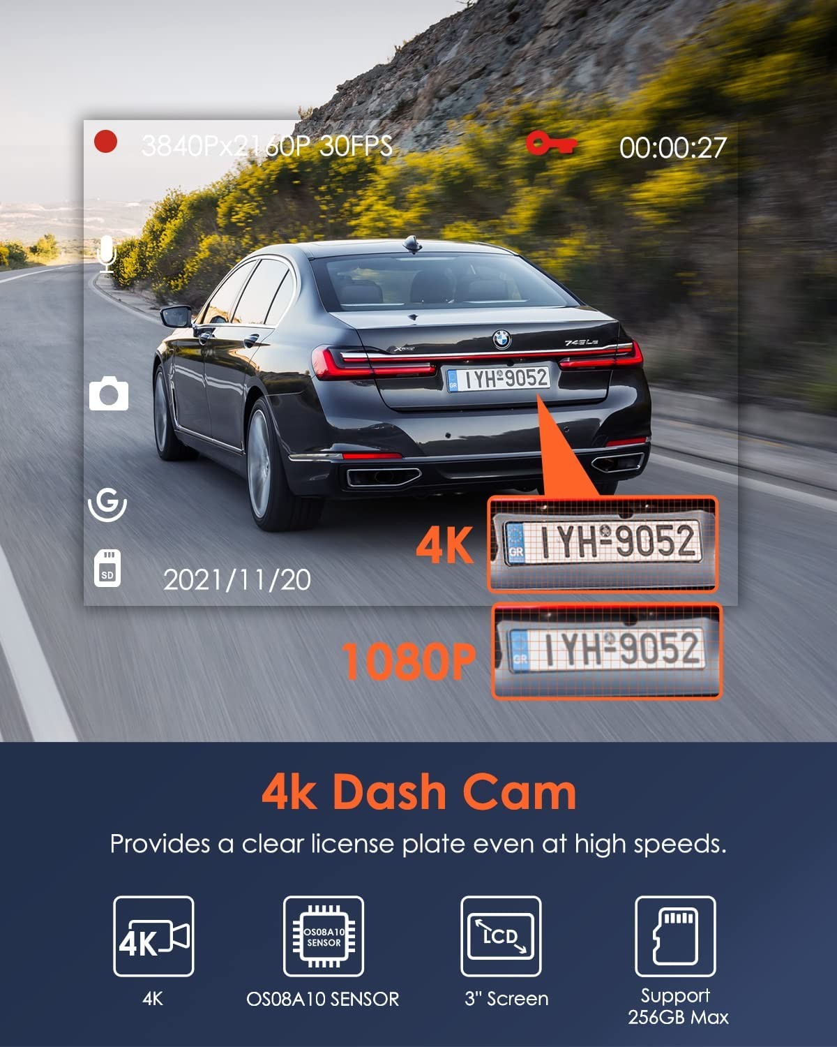 Vantrue X4s 4K WiFi Dash Cam, Parking Mode, Night Vision, G-Sensor