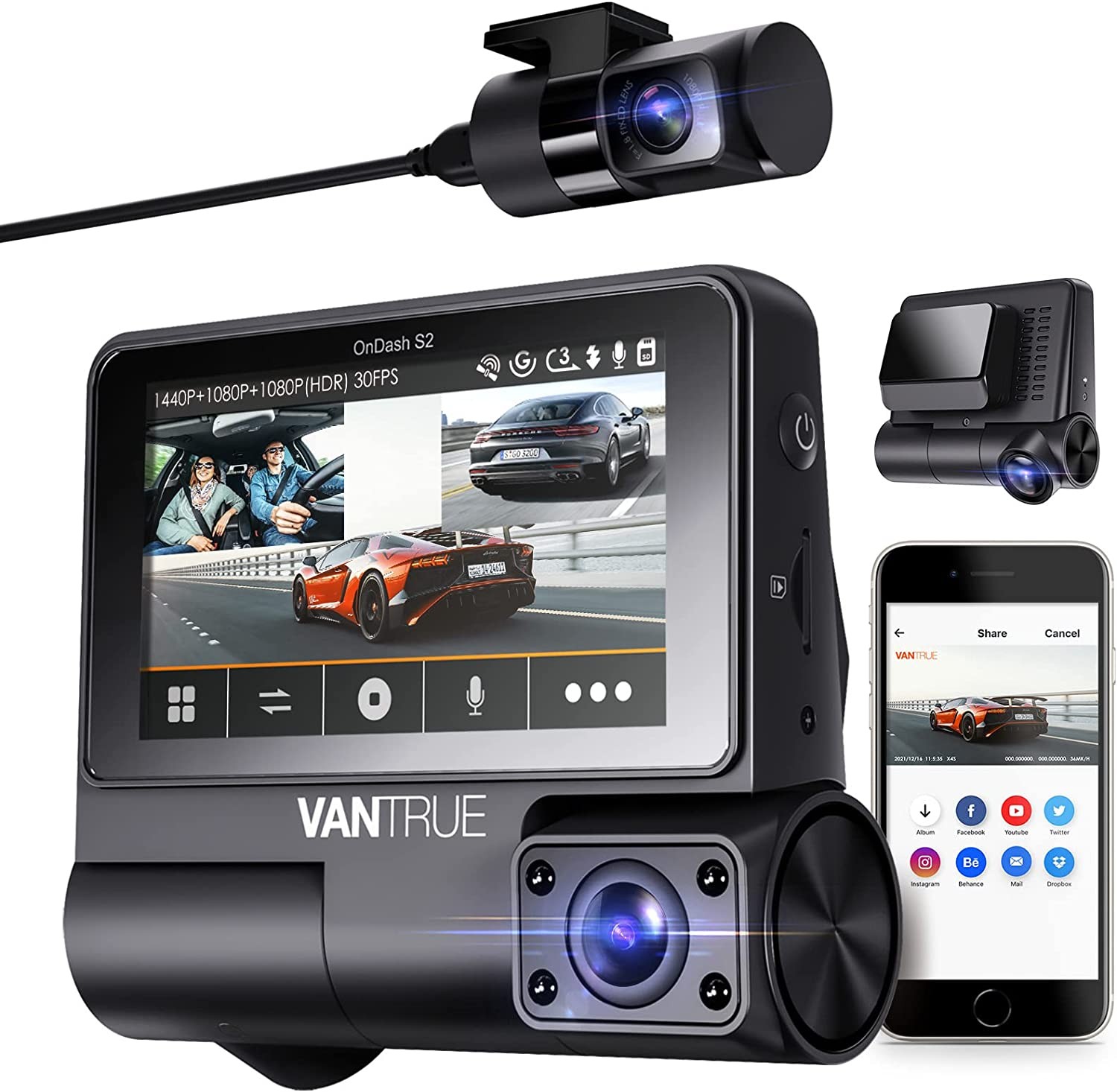 Vantrue N4 3 Channel 4K Dash Cam, 4K+1080P Front and Rear, 1440P+1440P  Front and Inside, 1440P+1440P+1080P Three Way Triple Car Camera, IR Night