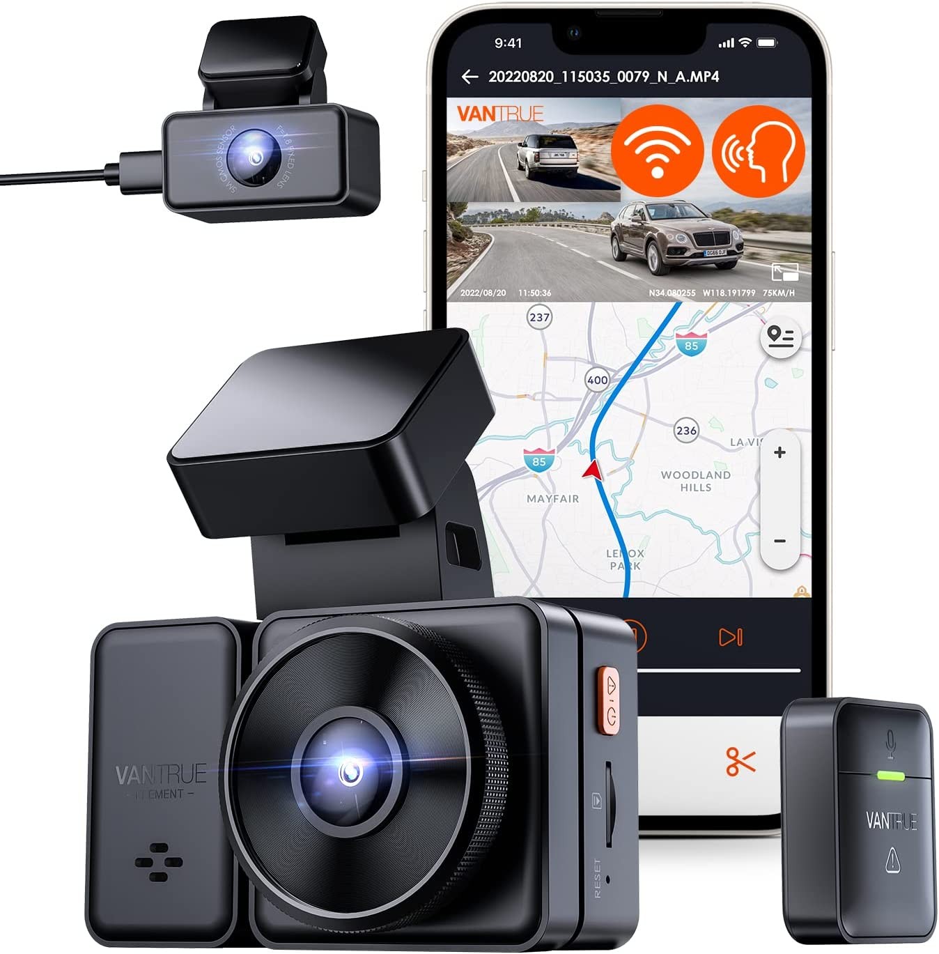 Vantrue E3 2.5K 3 Channel Front and Rear Inside Dash Cam, 3 Way WiFi GPS Dash Camera for Car, 1944P+1080P+1080P, Voice Control, IR Night Vision, 24hrs