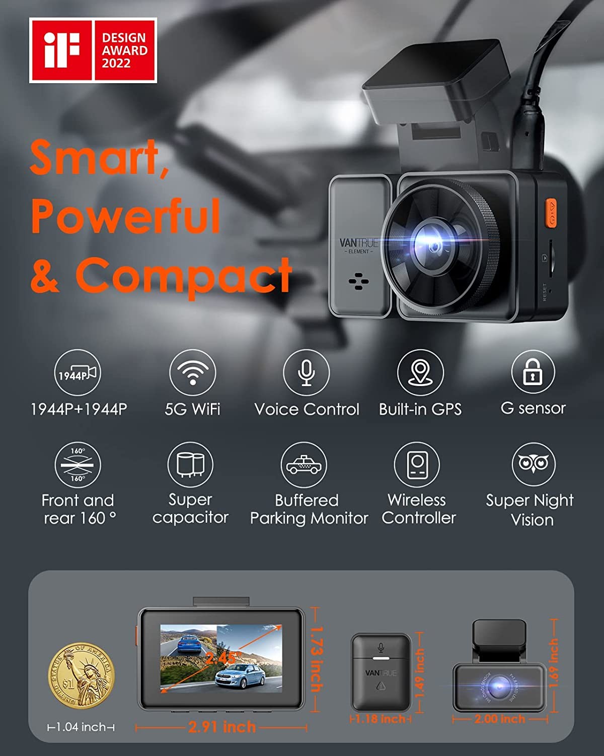 Vantrue E2 -G 2.5K WiFi Dual Dash Cam with GPS, Voice Control Front and Rear