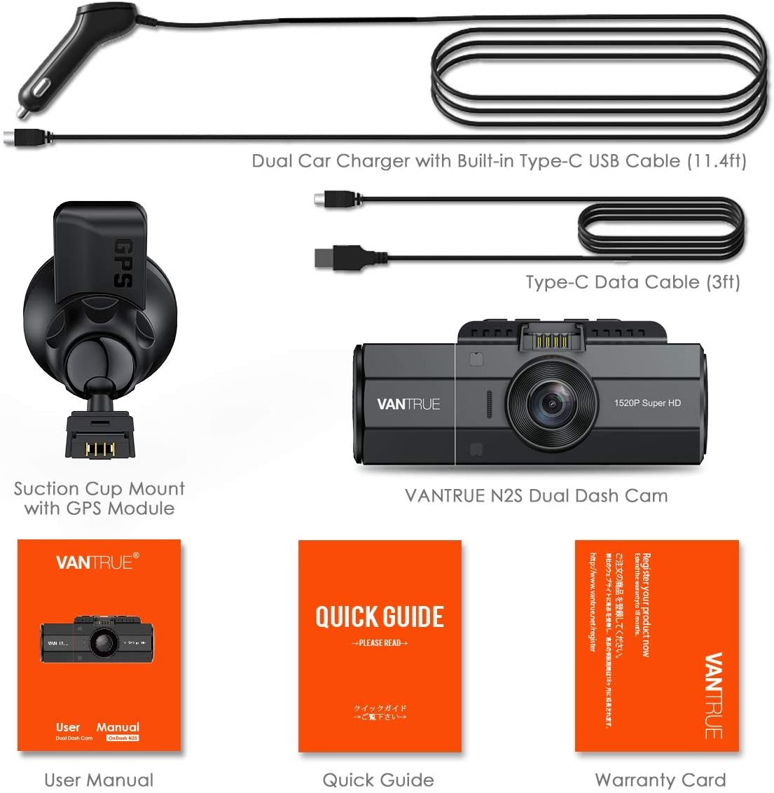 Vantrue S1 4K Dash Cam Front and Rear, 1080P Dual GPS Dash Camera with 24  Hours Parking Mode, Enhanced Night Vision, Motion Detection, Capacitor